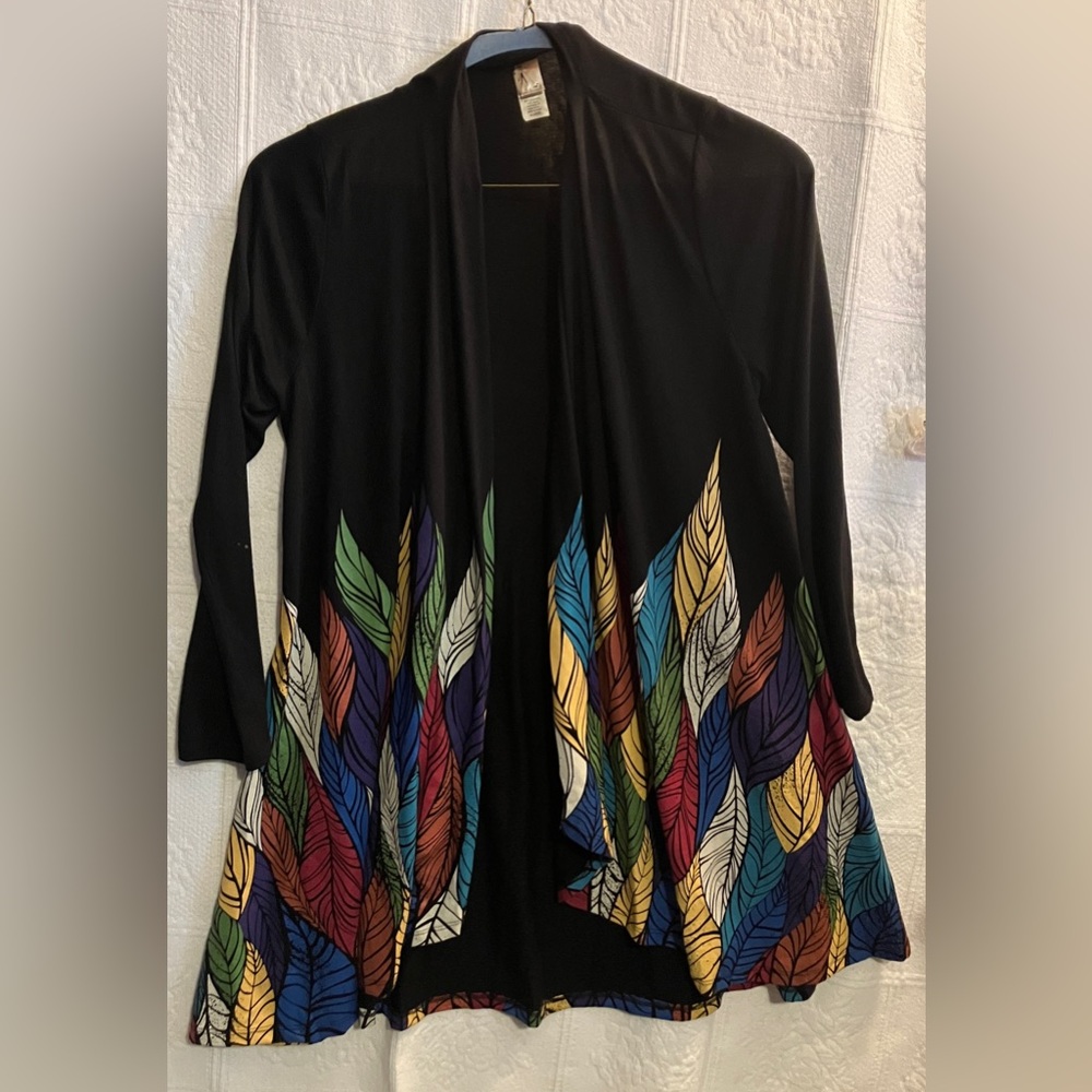 A Walk in the Park Open Front Kimono, Black with Colorful Leaves